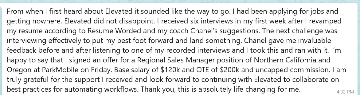 Zack landed a $200,000 Regional Sales Manager role with Elevated Technologies
