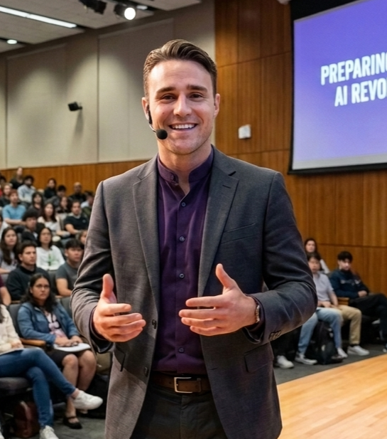 Delaney William speaking on stage to an audience